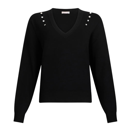 Damen Pullover Liu-Jo Uni V-Ausschnitt Tief mit Steinen Schwarz