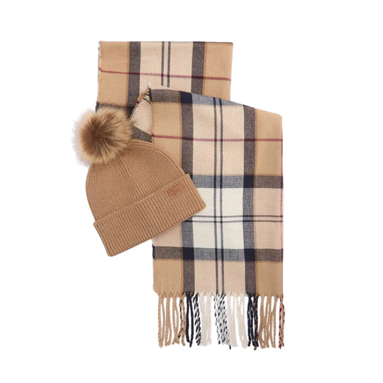 BARBOUR damesgeschenkset muts DOVER + HAILES Tartan-sjaal - Beige/Hazelnoot