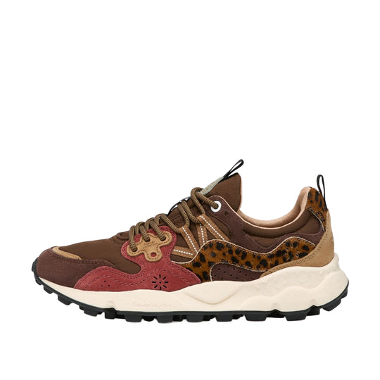 FLOWER MOUNTAIN Unisexsneakers YAMANO 3 van suède en technisch textiel - Bruin/Bordeaux/Dierenprint