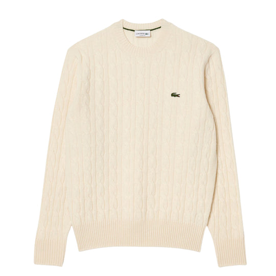 LACOSTE Herren-Strickpullover aus Schurwolle mit Zopfmuster - Creme