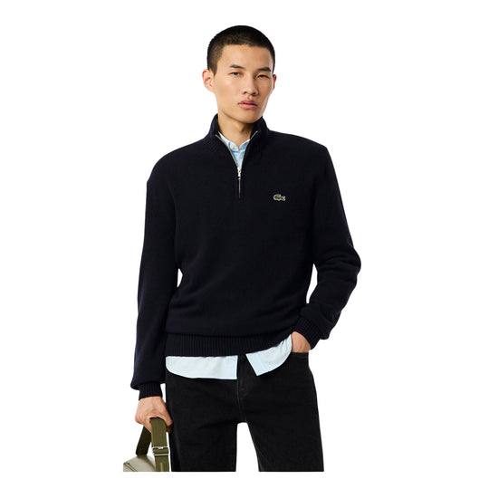LACOSTE Maglia a collo alto in lana cardata con zip - Blu Navy