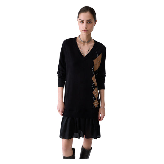 LIU-JO WHITE Abito Donna corto in maglia e scollo v - Nero/Beige