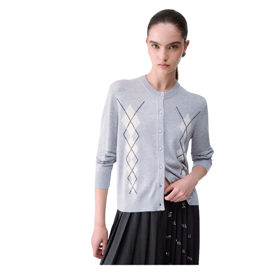 LIU-JO WHITE Cardigan Donna in lana con Argyle - Grigio/Panna